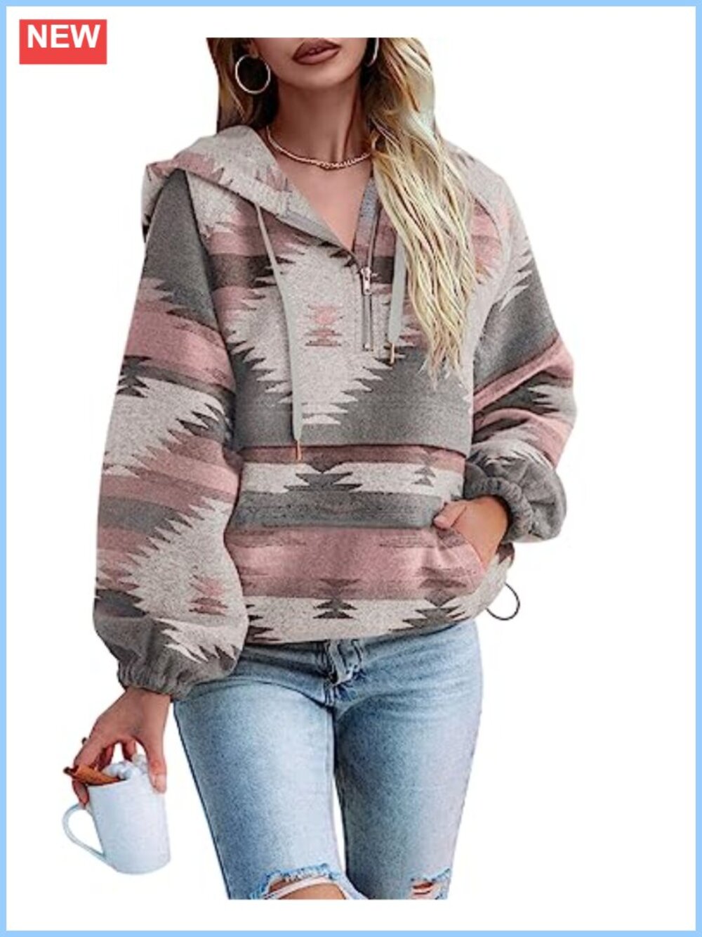 Womens Aztec Zip Up Hoodie Sweatshirt Boho Western Pullover Top Polyester